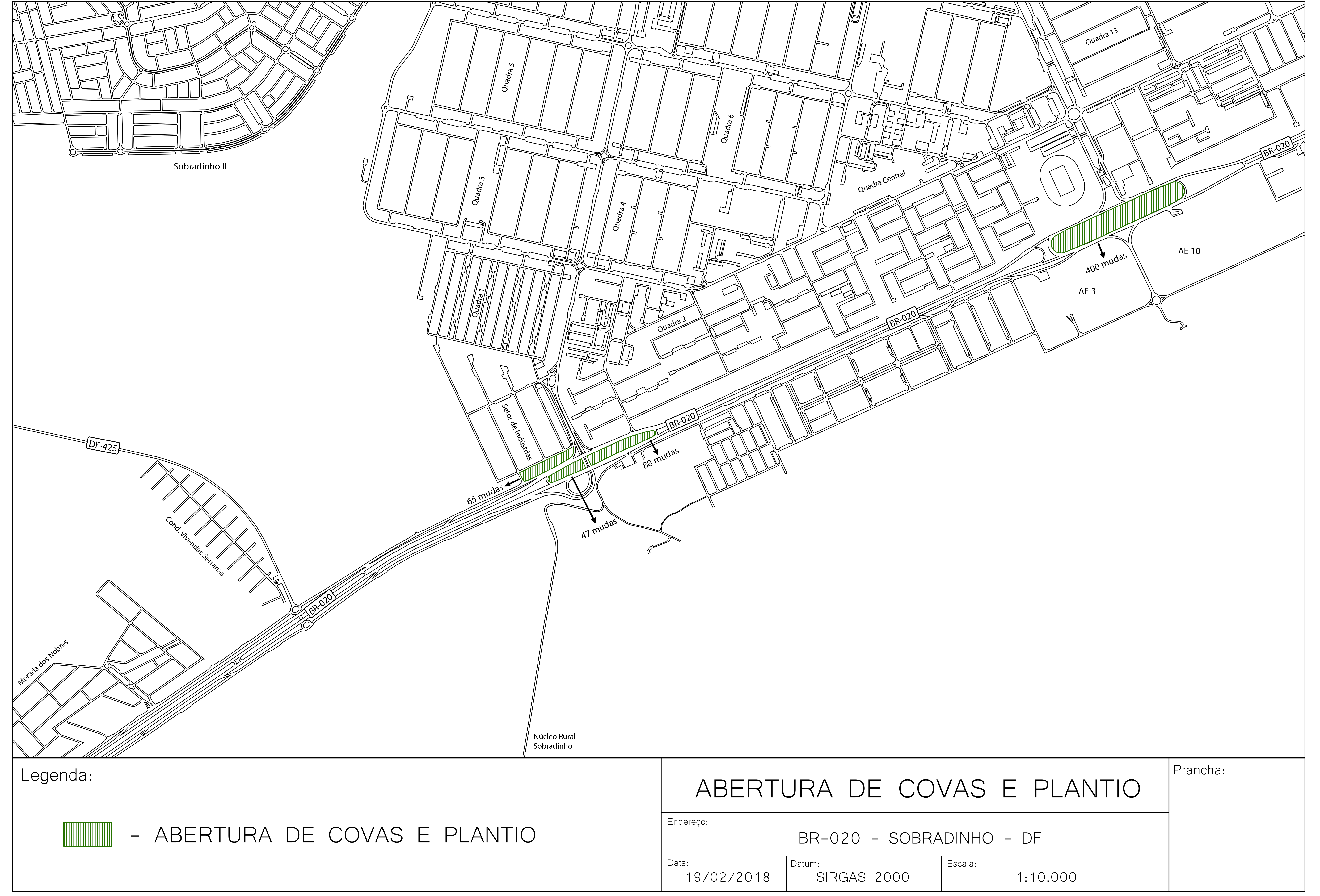 Planta de área urbana com zonas de plantio